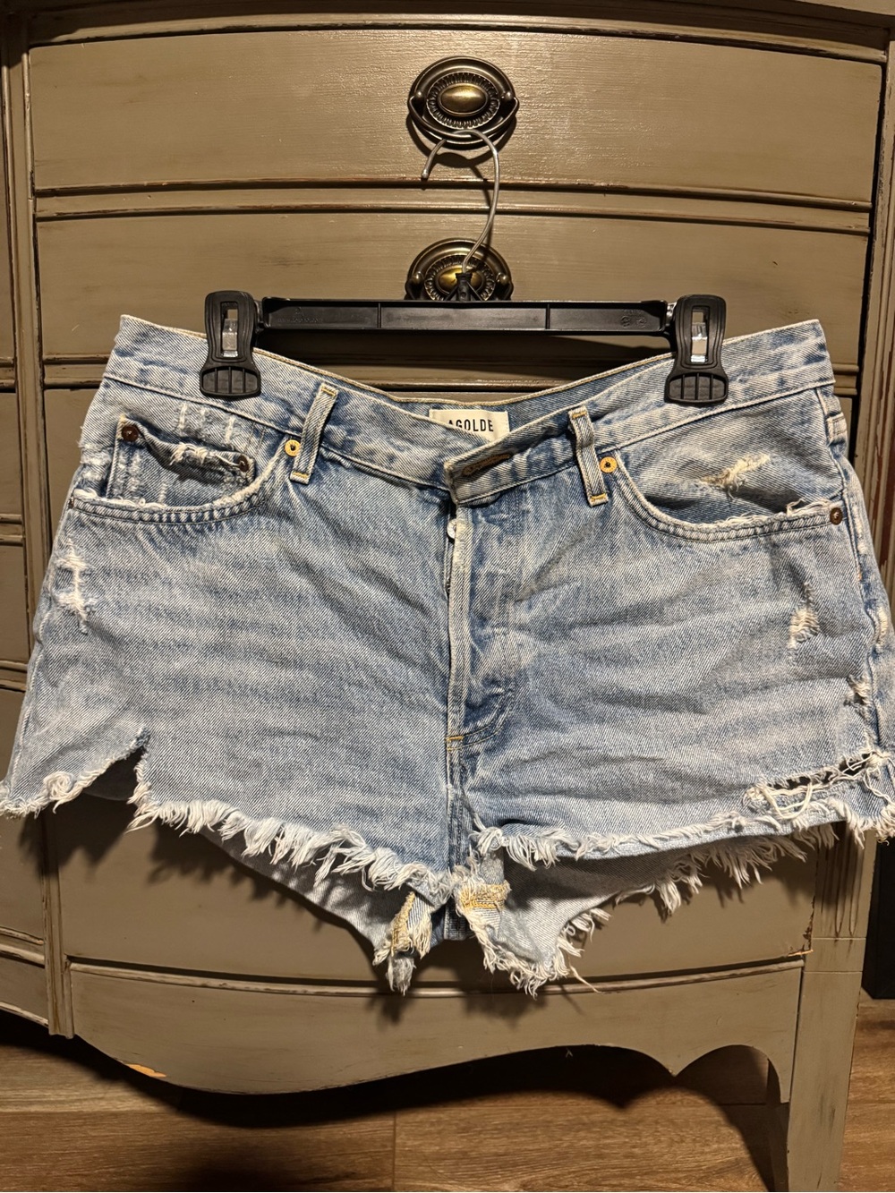 Agolde Light Blue Distressed Frayed Denim Shorts